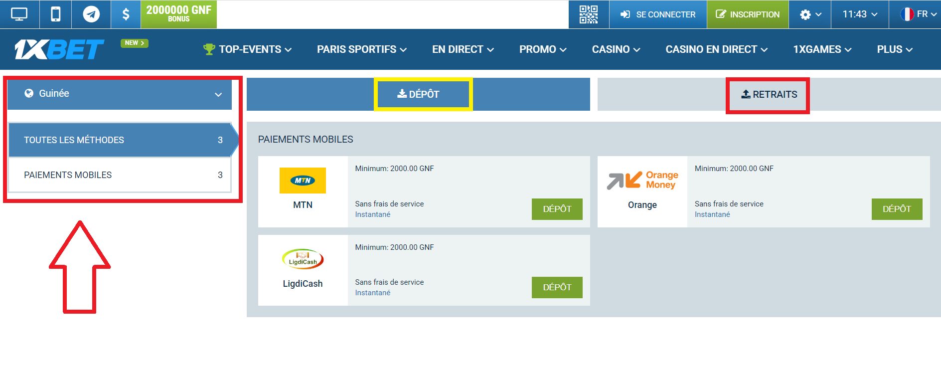 Principales options de paiement 1xBet
